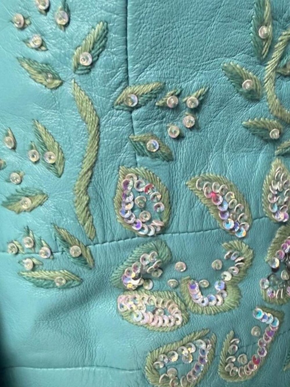 Vintage turquoise blue leather button down blouse/jacket with puff sleeves - Picture 3 of 7